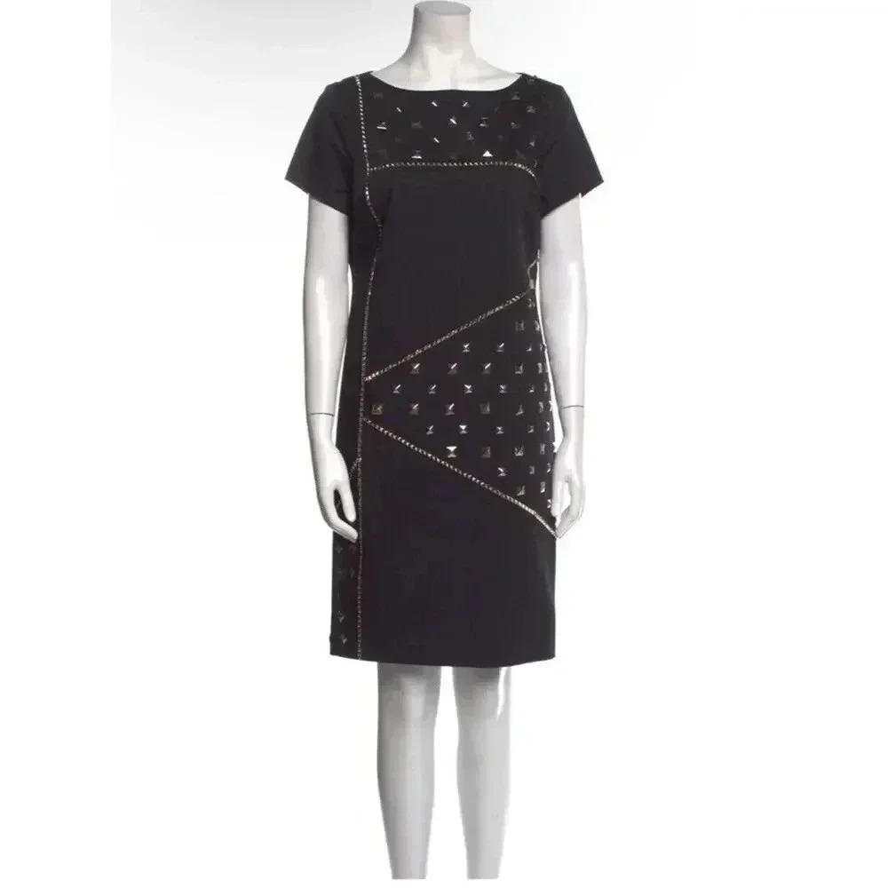 PER SE Studded Boat Neck Shift Dress Women Sz 8 Black james perse midi career
